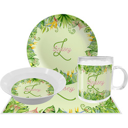 Tropical Leaves Border Dinner Set - Single 4 Pc Setting w/ Name and Initial