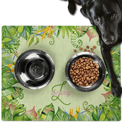 Tropical Leaves Border Dog Food Mat - Large w/ Name and Initial