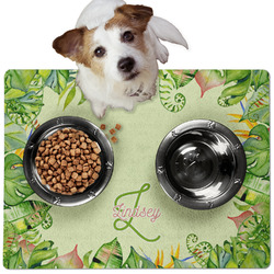 Tropical Leaves Border Dog Food Mat - Medium w/ Name and Initial