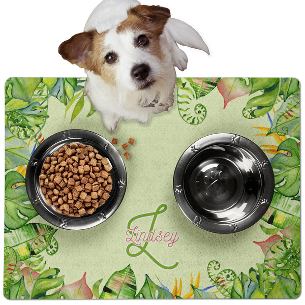 Custom Tropical Leaves Border Dog Food Mat - Medium w/ Name and Initial