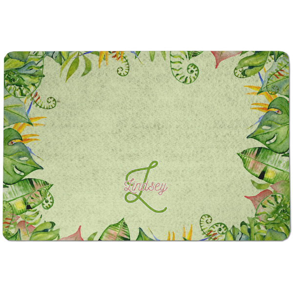 Custom Tropical Leaves Border Dog Food Mat w/ Name and Initial