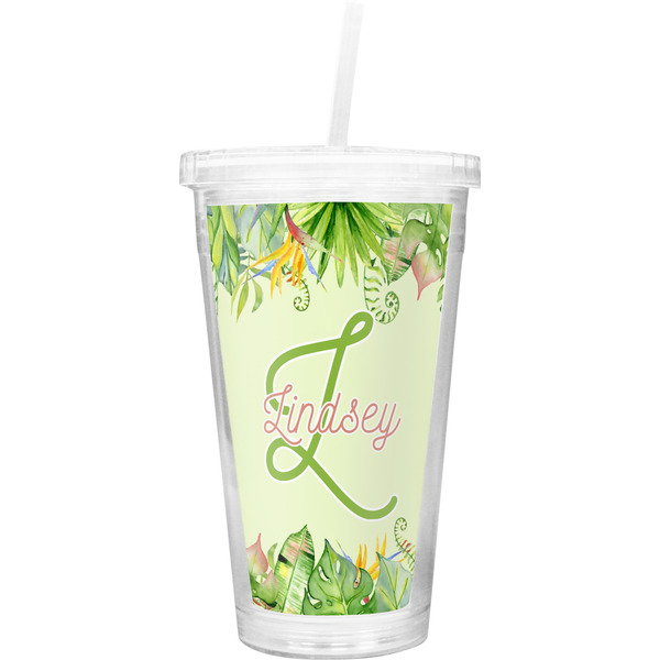 Custom Tropical Leaves Border Double Wall Tumbler with Straw (Personalized)