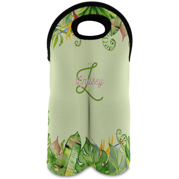 Custom Tropical Leaves Border Wine Tote Bag (2 Bottles) (Personalized)
