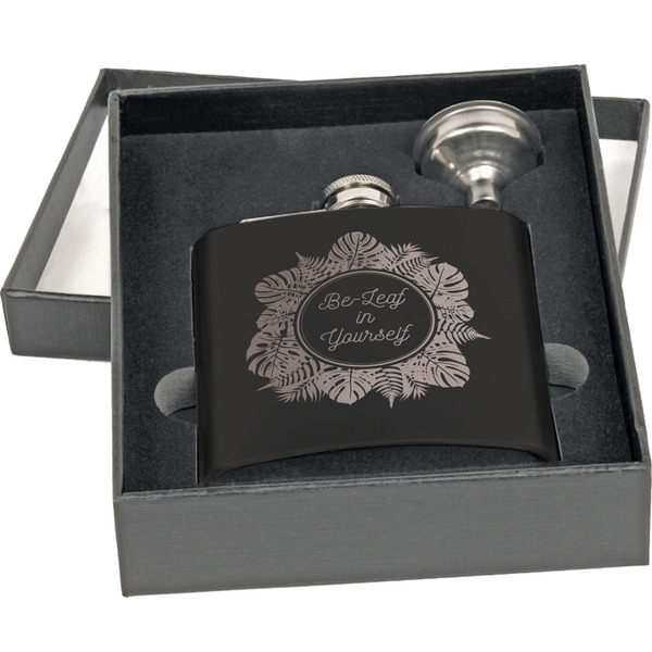 Tropical Leaves Border Engraved Black Flask Gift Set