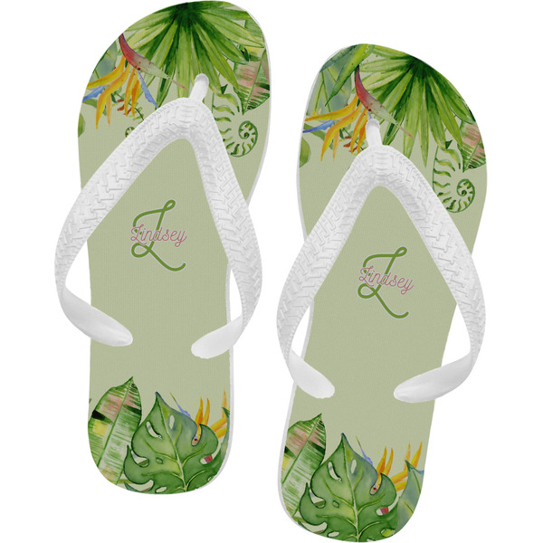 Custom Tropical Leaves Border Flip Flops - XSmall (Personalized)
