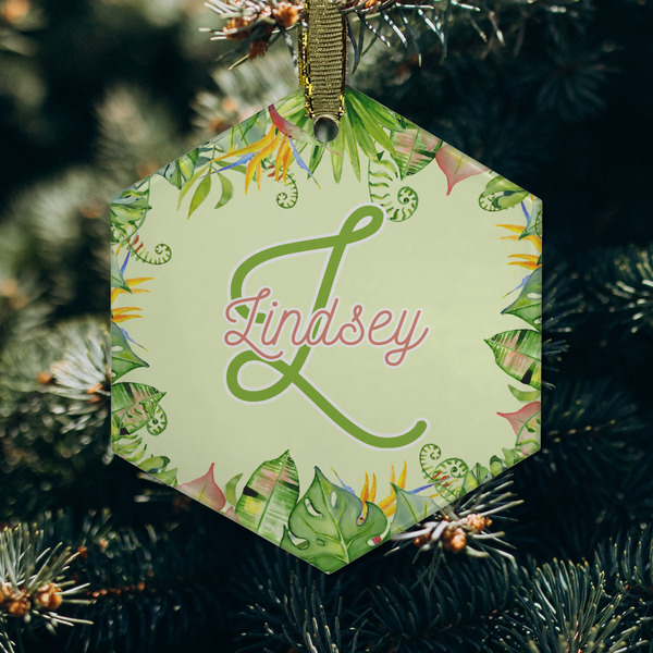 Tropical Leaves Border Frosted Glass Ornament - Hexagon (Lifestyle)