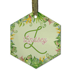 Tropical Leaves Border Flat Glass Ornament - Hexagon w/ Name and Initial