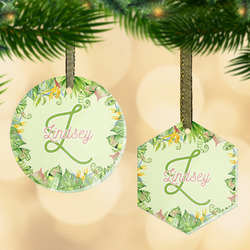 Tropical Leaves Border Flat Glass Ornament w/ Name and Initial