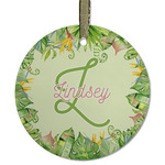 Tropical Leaves Border Flat Glass Ornament - Round w/ Name and Initial
