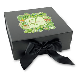Tropical Leaves Border Gift Box with Magnetic Lid - Black (Personalized)