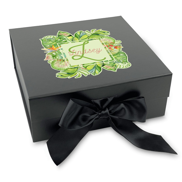 Custom Tropical Leaves Border Gift Box with Magnetic Lid - Black (Personalized)