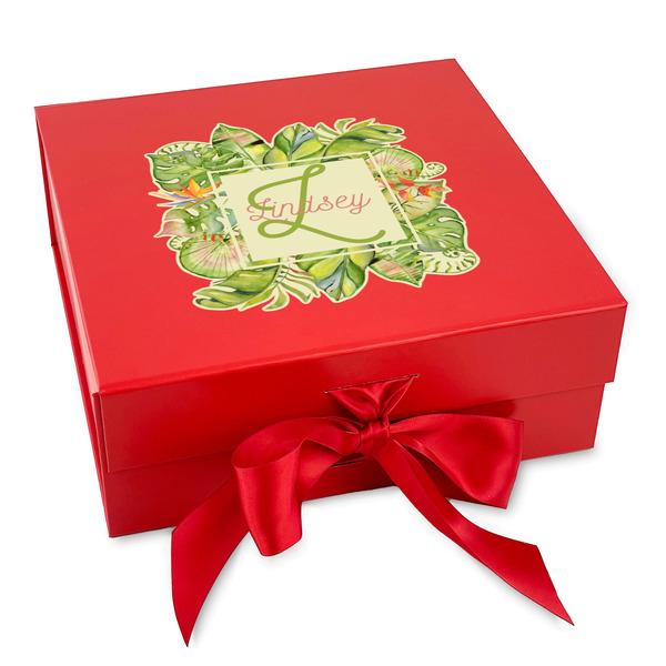 Custom Tropical Leaves Border Gift Box with Magnetic Lid - Red (Personalized)
