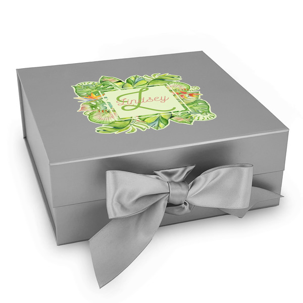 Custom Tropical Leaves Border Gift Box with Magnetic Lid - Silver (Personalized)