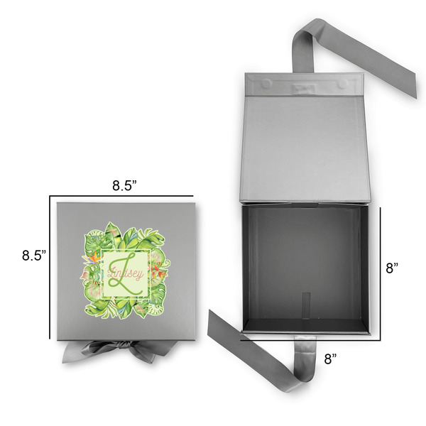 Tropical Leaves Border Gift Boxes with Magnetic Lid - Silver - Open & Closed