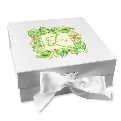 Tropical Leaves Border Gift Box with Magnetic Lid - White (Personalized)