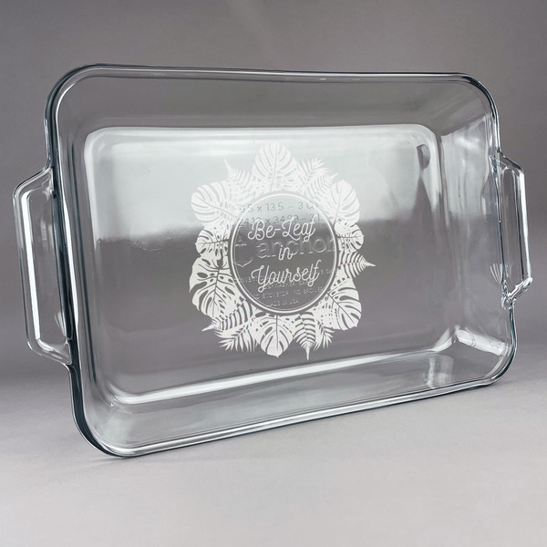 Custom Tropical Leaves Border Glass Baking Dish with Truefit Lid - 13in x 9in (Personalized)