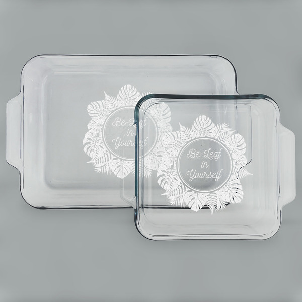 Custom Tropical Leaves Border Set of Glass Baking & Cake Dish - 13in x 9in & 8in x 8in (Personalized)