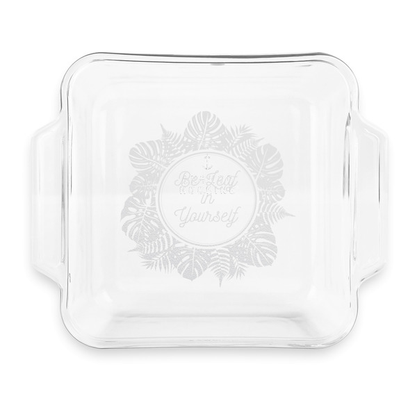Custom Tropical Leaves Border Glass Cake Dish with Truefit Lid - 8in x 8in (Personalized)