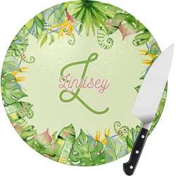 Tropical Leaves Border Round Glass Cutting Board (Personalized)