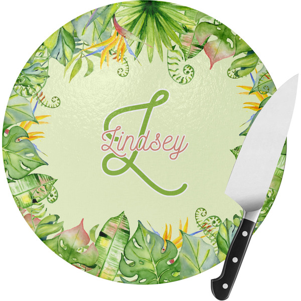 Custom Tropical Leaves Border Round Glass Cutting Board (Personalized)