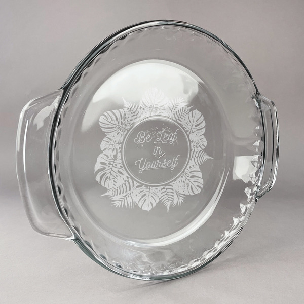 Custom Tropical Leaves Border Glass Pie Dish - 9.5in Round (Personalized)