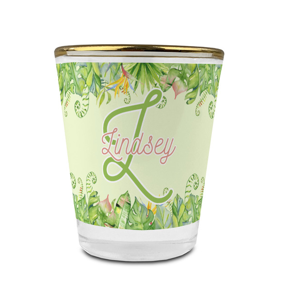 Custom Tropical Leaves Border Glass Shot Glass - 1.5 oz - with Gold Rim - Single (Personalized)