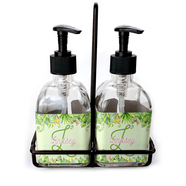 Custom Tropical Leaves Border Glass Soap & Lotion Bottle Set (Personalized)