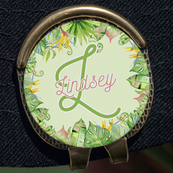 Tropical Leaves Border Golf Ball Marker Hat Clip - Gold - Close Up