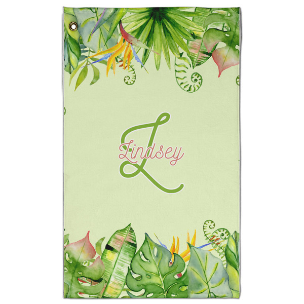 Custom Tropical Leaves Border Golf Towel - Poly-Cotton Blend w/ Name and Initial