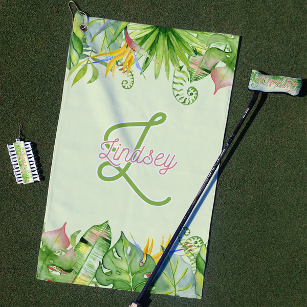 Custom Tropical Leaves Border Golf Towel Gift Set (Personalized)