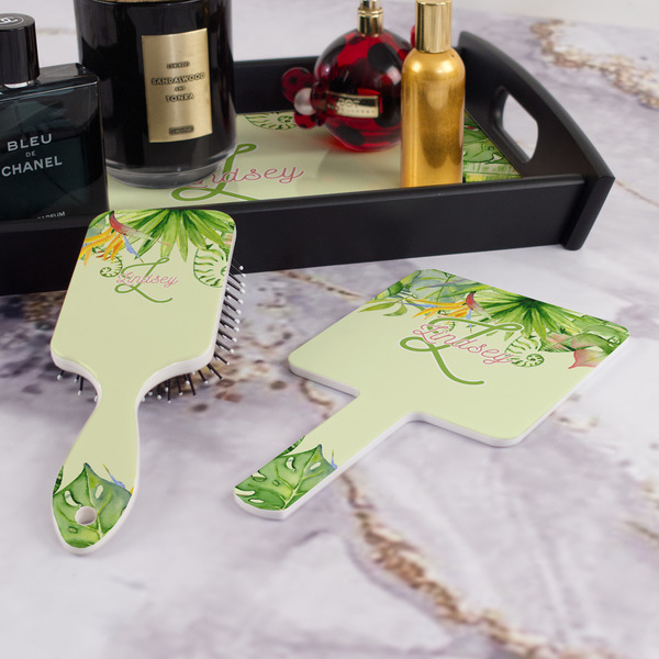 Tropical Leaves Border Hair Brush and Hand Mirror - Bathroom Scene