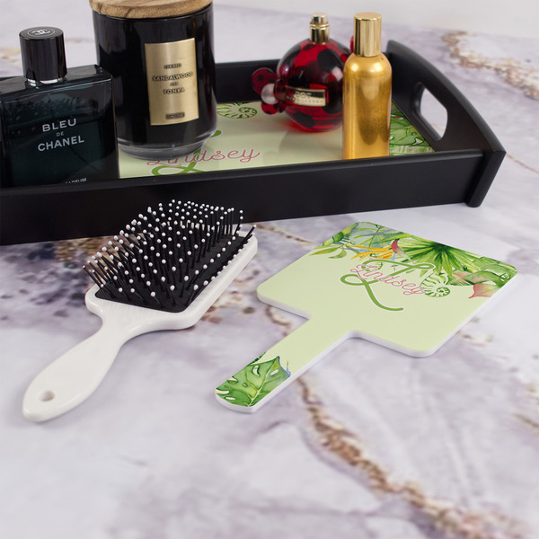 Tropical Leaves Border Hand Mirror - With Hair Brush