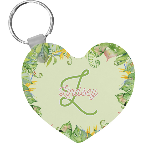 Custom Tropical Leaves Border Heart Plastic Keychain w/ Name and Initial