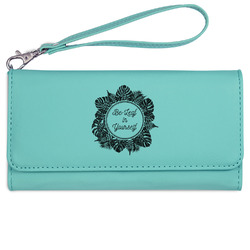 Tropical Leaves Border Ladies Leatherette Wallet - Laser Engraved- Teal (Personalized)