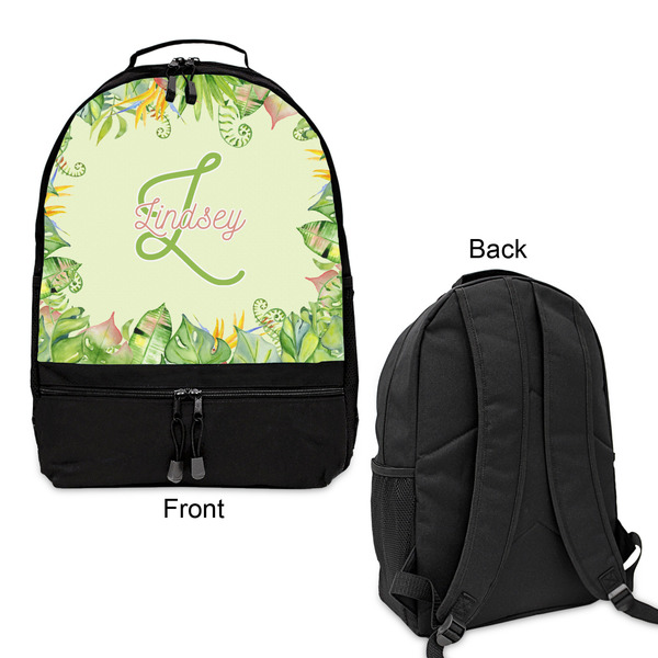 Tropical Leaves Border Large Backpack - Black - Front & Back View