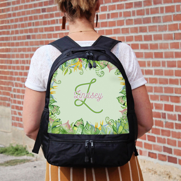 Tropical Leaves Border Large Backpack - Black - On Back