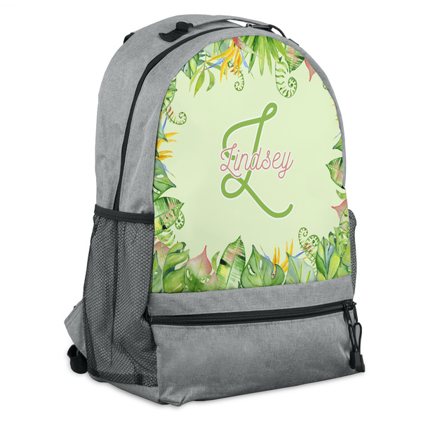 Custom Tropical Leaves Border Backpack - Grey (Personalized)
