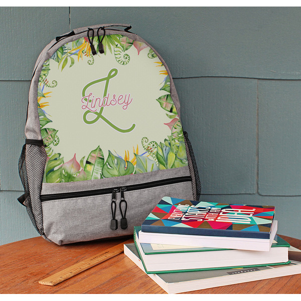 Tropical Leaves Border Large Backpack - Gray - On Desk