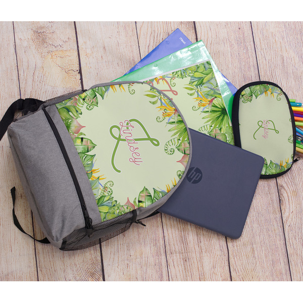 Tropical Leaves Border Large Backpack - Gray - With Stuff