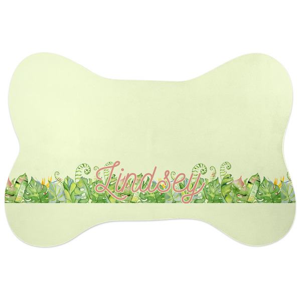 Custom Tropical Leaves Border Bone Shaped Dog Food Mat (Personalized)