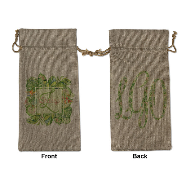 Custom Tropical Leaves Border Large Burlap Gift Bag - Front & Back (Personalized)