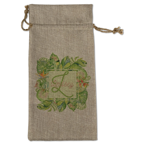 Custom Tropical Leaves Border Large Burlap Gift Bag - Front (Personalized)