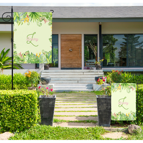 Custom Tropical Leaves Border Large Garden Flag - Double Sided (Personalized)