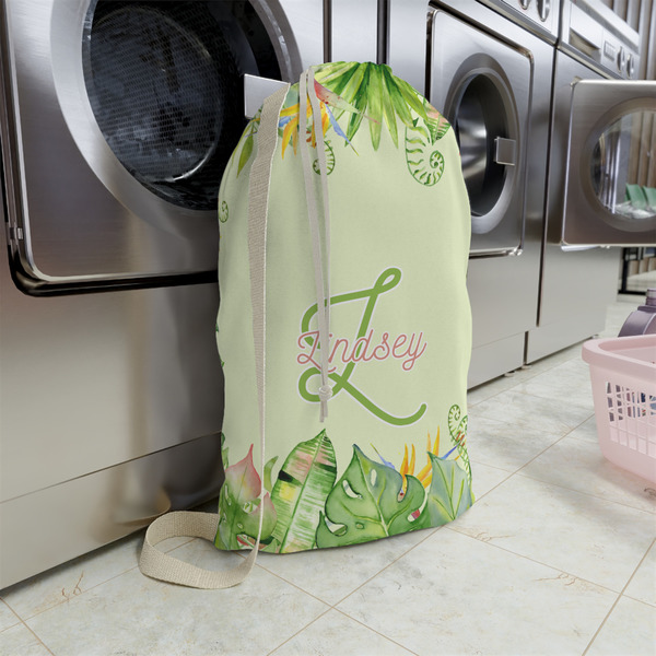 Tropical Leaves Border Large Laundry Bag - In Context