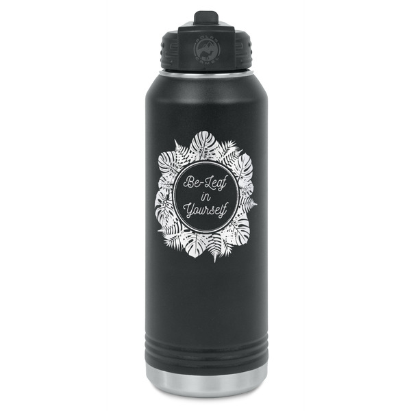Custom Tropical Leaves Border Water Bottle - Laser Engraved - Front (Personalized)