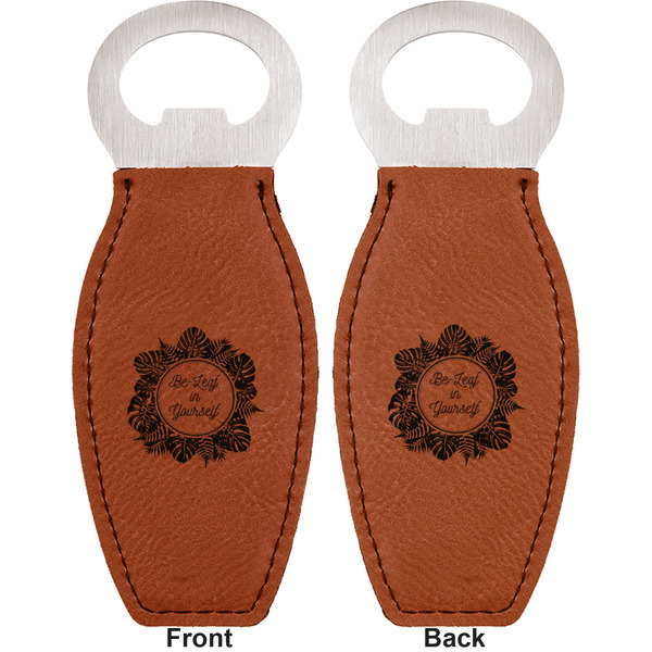 Tropical Leaves Border Leather Bar Bottle Opener - Front and Back