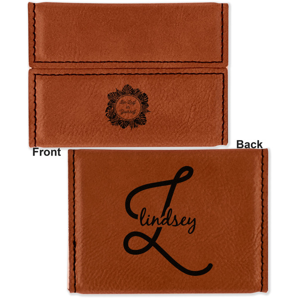 Tropical Leaves Border Leather Business Card Holder - Front Back