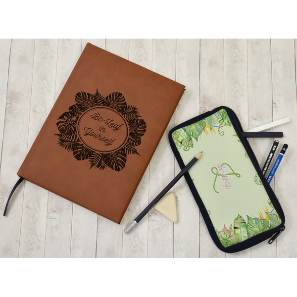 Tropical Leaves Border Leather Sketchbook - Small - Double Sided - In Context