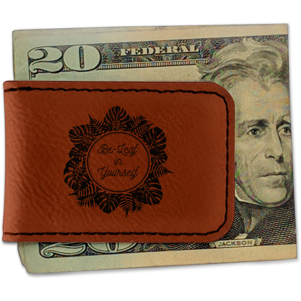 Custom Tropical Leaves Border Leatherette Magnetic Money Clip (Personalized)