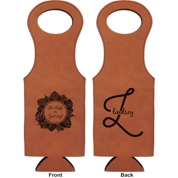 Tropical Leaves Border Leatherette Wine Tote Double Sided - Front and Back